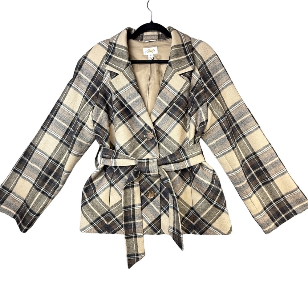 NEW! Talbots Plaid Tan Black Double Breasted Belted Italian Wool Jacket Size 16